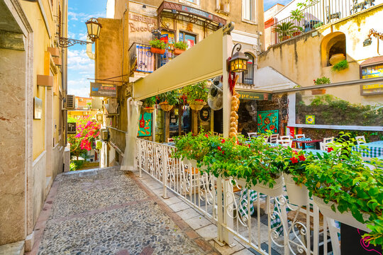 General view of the patio and sign for the Il Ciclope Restaurant in the historic center of Taormina, Italy, on September 23 2019.