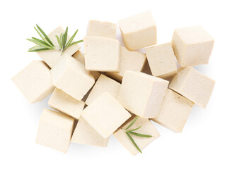 Delicious tofu and rosemary on white background, top view