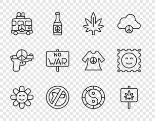 Set line Flower, Marijuana, No war, Hippie camper van, Yin Yang symbol and LSD acid mark icon. Vector