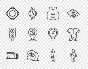 Set line Flashlight for diver, Wetsuit scuba diving, Life jacket, Flippers swimming, Lifebuoy, Scallop sea shell, Diving knife and icon. Vector