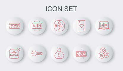 Set line Casino chip with dollar, Lucky wheel, Bingo, Slot machine jackpot, Lottery ticket, win, Old key and Money bag icon. Vector