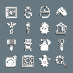 Set line Frying pan, Kitchen hammer, Electric kettle, timer, Teaspoon, Wine corkscrew, Cooking live streaming and Broken egg icon. Vector