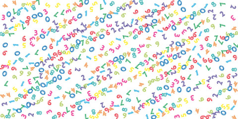 Falling colorful sketch numbers. Math study concept with flying digits. Astonishing back to school mathematics banner on white background. Falling numbers vector illustration.