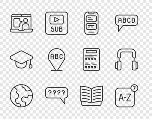 Set line Earth globe, Online translator, Speech bubbles with Question, Foreign language online study, Alphabet, Open book and Headphones icon. Vector