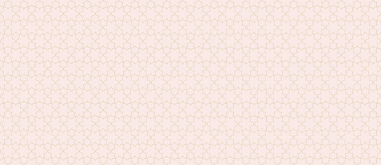 Subtle golden abstract geometric seamless pattern. Delicate vector lines texture, elegant lattice, mesh, weave, floral shapes, stars. Traditional oriental background. Modern gold ornament. Wide design