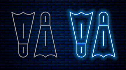 Glowing neon line Rubber flippers for swimming icon isolated on brick wall background. Diving equipment. Extreme sport. Diving underwater equipment. Vector © vector_v