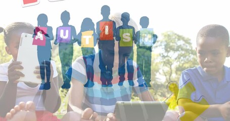 Animation of colourful puzzle pieces and autism text over school children using tablets - Powered by Adobe
