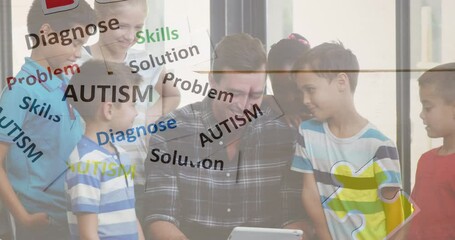 Animation of colourful puzzle pieces and autism text over school children with male teacher - Powered by Adobe