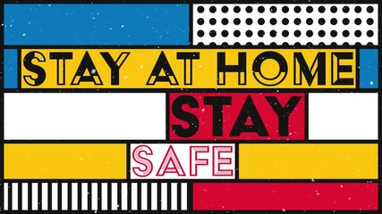 Animation of snow falling over stay at home stay safe text on colourful background - Powered by Adobe