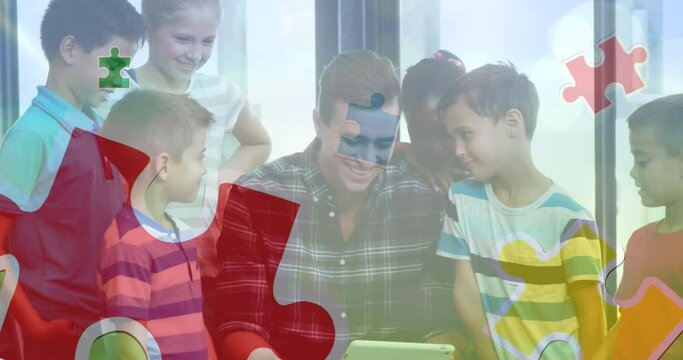 Animation of colourful puzzle pieces over school children with male teacher