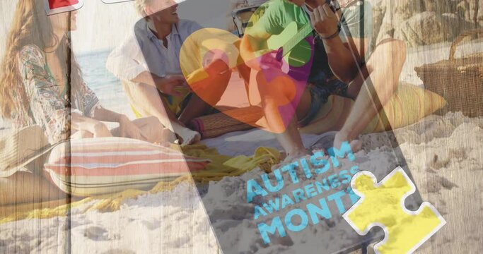 Animation of colourful puzzle pieces heart and autism text over happy friends at summer beach party