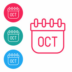 Red line October calendar autumn icon isolated on white background. Set icons in circle buttons. Vector