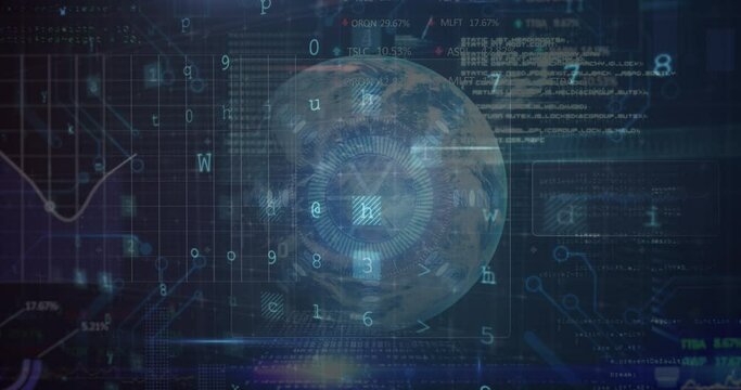 Animation of cyber attack warning over globe and data processing