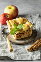 Piece of homemade apple pie with apples and cinnamon sticks on napkin on gray background