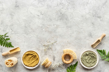 Facial beauty cosmetics products and ingredients with clay mask and brushes