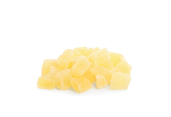 Delicious yellow candied fruit pieces on white background