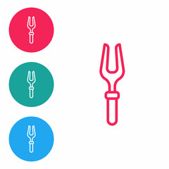 Red line Barbecue fork icon isolated on white background. BBQ fork sign. Barbecue and grill tool. Set icons in circle buttons. Vector