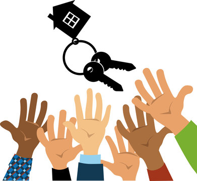 Many people reaches for new home keys representing a bidding war for property, EPS 8 vector illustration