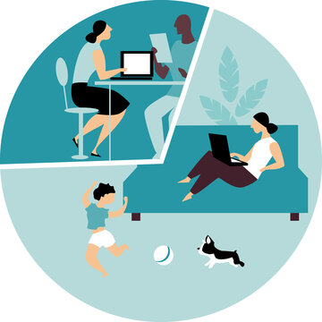 Woman In Hybrid Work Place Sharing Her Time Between An Office And Working From Home And Taking Care Of Kid, EPS 8 Vector Illustration	
