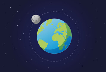 Planet Earth in the space with the moon in orbit around - infographic vector illustration in flat design