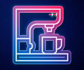 Glowing neon line Coffee machine icon isolated on blue background. Vector