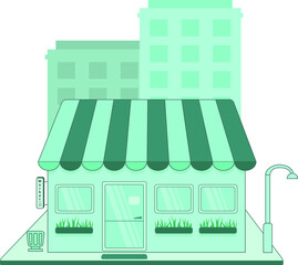 Vector Image Of A Store Facade With An Urn And A Lantern With Houses On The Background
