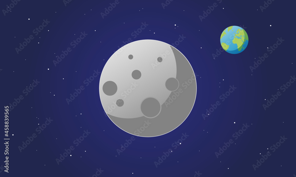 Wall mural vector illustration of the moon in the space with the earth in the background surrounded by stars - 
