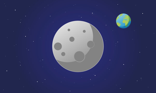Vector illustration of the moon in the space with the earth in the background surrounded by stars - cartoon style drawing in flat design
