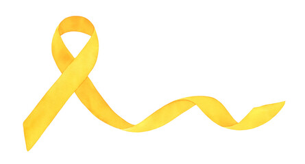 Watercolor illustration of beautiful waving ribbon in bright yellow colour. One single object. Hand drawn water color graphic paint on white, cut out detail for design decoration, card, banner, print. - 458839795