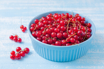 Fresh red currant in wooden bowl on dark table