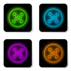 Glowing neon line Chemical formula icon isolated on white background. Abstract hexagon for innovation medicine, health, research and science. Black square button. Vector