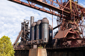 Carrie Blast Furnaces National Historic site, abandoned industrial steel mill complex, clear fall day, horizontal aspect