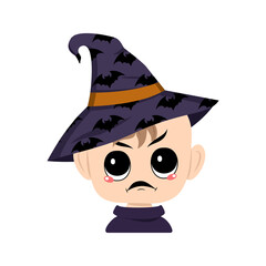 Avatar of child with angry emotions, grumpy face, furious eyes in pointed witch hat with bats. The head of toddler with rude face. Halloween party decoration