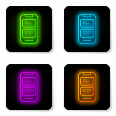 Glowing neon line Online translator icon isolated on white background. Foreign language conversation icons in chat speech bubble. Translating concept. Black square button. Vector