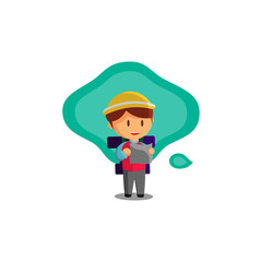 Boy is traveling while looking at the map. Character Vector Illustration on the theme World Tourism