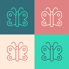 Pop art line Butterfly icon isolated on color background. Vector
