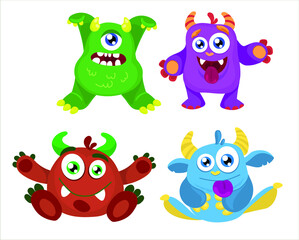 Happy Halloween. Monster colorful silhouette super set. Cute kawaii cartoon scary funny baby character. Eyes, mouth, tongue, tooth fang, hands up. Flat design. White background. Vector illustration