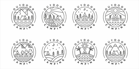 set of camping logo line art simple minimalist vector illustration template icon design. bundle collection of various adventure and wanderlust symbol for activity outdoor camp with circle badge - obrazy, fototapety, plakaty