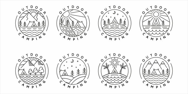 set of camping logo line art simple minimalist vector illustration template icon design. bundle collection of various adventure and wanderlust symbol for activity outdoor camp with circle badge