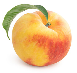 Korean Golden Peach fruits with leaf on white background, Honey Yellow Peach isolated on white background With clipping path.