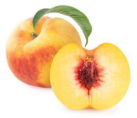 Korean Golden Peach fruits with leaf on white background, Honey Yellow Peach isolated on white background With clipping path.