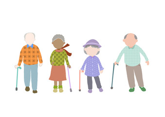 多国籍のお爺さんとお婆さんの散歩風景のカラーイラスト