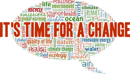 It's time for a change - ecology and climate change awareness vector illustration word cloud isolated on white background.