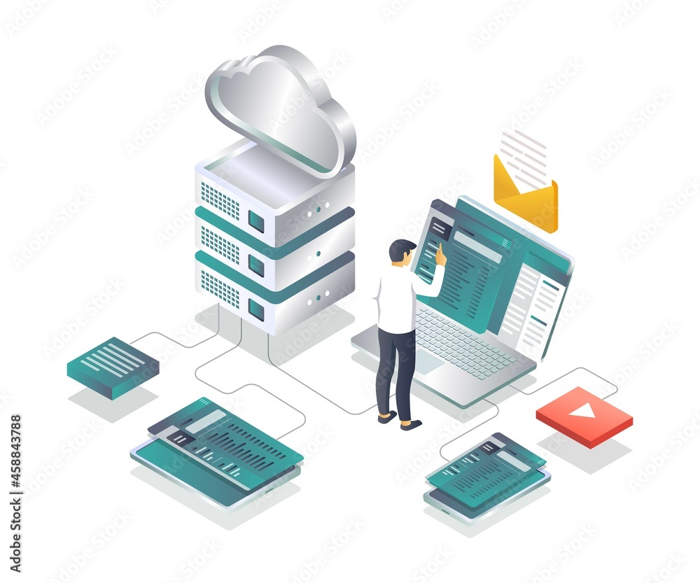 Poster Cloud and network test application isometric illustration