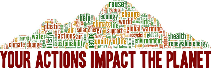 Your actions impact the planet vector illustration word cloud isolated on white background.