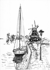 Fototapeta premium pier boat hand drawn illustration,art design