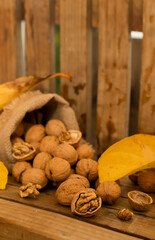 canvas bag with walnuts on wooden background, autumn harvest concept, healthy food, thanksgiving and fall background. 