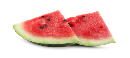 Slices of delicious ripe watermelon on white background