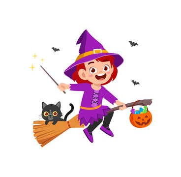 cute little girl wear witch costume for halloween