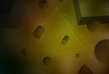 Dark Green, Yellow vector background with 3D cubes, cylinders, spheres, rectangles.